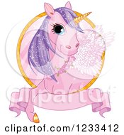Poster, Art Print Of Cute Pink And Purple Winged Unicorn And Banner Label