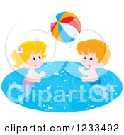 Poster, Art Print Of Happy White Children Playing With A Beach Ball In A Swimming Pool