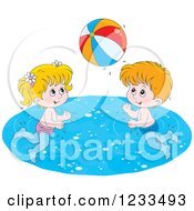 Poster, Art Print Of Happy Caucasian Children Playing With A Beach Ball In A Swimming Pool