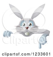 Poster, Art Print Of Happy Gray Bunny Rabbit Pointing Down Over A Sign