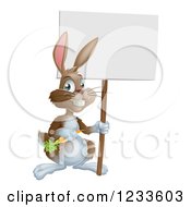 Poster, Art Print Of Happy Brown Bunny Rabbit With A Carrot Holding A Blank Sign