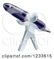 Clipart Of A 3d Silver Man Holding Up A Pen Royalty Free Vector Illustration by AtStockIllustration