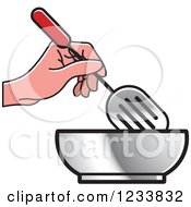 Clipart Of A Hand Holding A Leak Shovel Spatula Over A Bowl Royalty Free Vector Illustration by Lal Perera