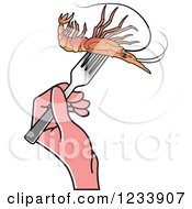 Clipart Of A Hand Holding A Prawn On A Fork Royalty Free Vector Illustration