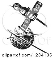 Clipart Of A Woodcut Soyuz Satellite Over Earth In Black And White Royalty Free Vector Illustration by xunantunich