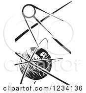 Clipart Of A Woodcut Sputnik Satellite Over Earth In Black And White Royalty Free Vector Illustration