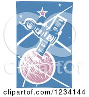 Clipart Of A Woodcut Soyuz Satellite Around Earth Royalty Free Vector Illustration