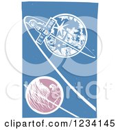 Clipart Of A Woodcut Soyuz Satellite Around The Moon And Earth Royalty Free Vector Illustration