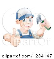 Clipart Of A Happy Carpenter Man Holding A Thumb Up And Hammer Over A Sign Royalty Free Vector Illustration