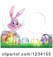 Clipart Of A Pink Bunny Holding Basket By Easter Eggs Royalty Free Vector Illustration
