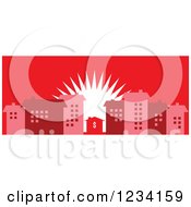 Poster, Art Print Of Little Dollar House Surrounded By Buildings At Sunrise In Red Tones