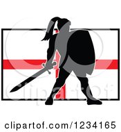 Silhouetted Black Knight In Full Armor Over An English Flag