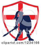 Poster, Art Print Of Silhouetted Knight In Full Armor Over An English Flag Shield