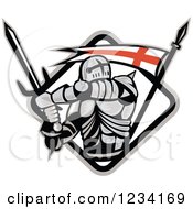 Knight In Full Armor Swinging A Sword In A Diamind With An English Flag