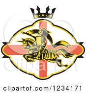 Clipart Of A Horseback Jousting Knight Leaping Over An English Flag Oval And Crown Royalty Free Vector Illustration