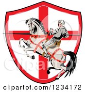Clipart Of A Horseback Jousting Knight With A Lance Over An English Flag Shield Royalty Free Vector Illustration