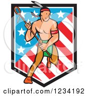 Poster, Art Print Of Native American Lacrosse Player With A Stick Over An American Shield