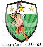Poster, Art Print Of Native American Lacrosse Player With A Stick Over A Green And Star Shield