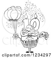 Clipart Of An Outlined Boys Tenth Birthday Cupcake With A Video Game Controller And Balloons Royalty Free Vector Illustration