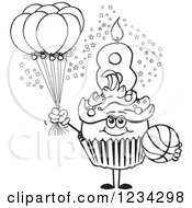 Poster, Art Print Of Outlined Boys Eighth Birthday Cupcake With A Basketball And Balloons