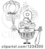 Poster, Art Print Of Outlined Boys Ninth Birthday Cupcake With A Baseball Bat And Balloons
