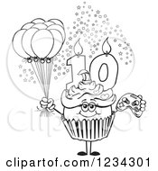 Poster, Art Print Of Outlined Girls Tenth Birthday Cupcake With A Video Game Controller And Balloons