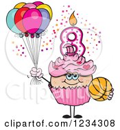 Poster, Art Print Of Pink Girls Eighth Birthday Cupcake With A Basketball And Balloons