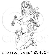 Clipart Of A Black And White Sexy Woman Kneeling With Alcohol Royalty Free Vector Illustration by lineartestpilot