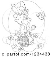 Poster, Art Print Of Outlined Bird Talking To A Female Easter Bunny With A Basket Of Eggs