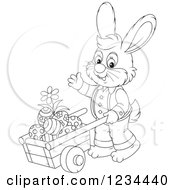 Poster, Art Print Of Outlined Male Easter Bunny Pushing Eggs In A Wheelbarrow