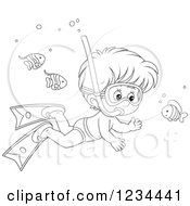 Poster, Art Print Of Outlined Boy Snorkeling Around Fish