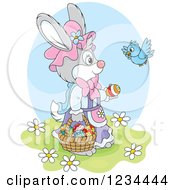 Poster, Art Print Of Blue Bird Talking To A Female Easter Bunny With A Basket Of Eggs