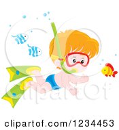 Poster, Art Print Of Red Haired Boy Snorkeling Around Fish
