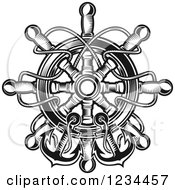 Clipart Of A Black And White Nautical Ship Helm With Rope And Anchors Royalty Free Vector Illustration