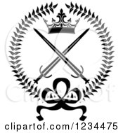 Clipart Of A Black And White Crown And Crossed Swords In A Laurel Wreath Royalty Free Vector Illustration