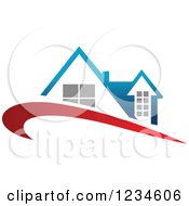 Clipart Of A House With A Blue Roof And Red Swoosh Royalty Free Vector Illustration