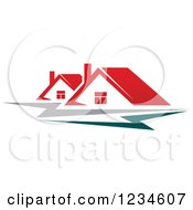 Poster, Art Print Of Houses With Red Roofs And Teal And Gray Swooshes