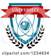 Clipart Of A Red University Banner Over An Atom Shield And Laurels Royalty Free Vector Illustration by Vector Tradition SM