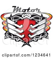 Clipart Of A Motor Text Over A Red Shield With Tribal Designs And Mufflers Royalty Free Vector Illustration