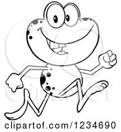 Clipart Of A Black And White Frog Character Running Royalty Free Vector Illustration