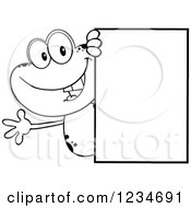 Poster, Art Print Of Black And White Frog Character Waving Around A Blank Sign