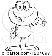 Clipart Of A Black And White Presenting Frog Character Royalty Free Vector Illustration