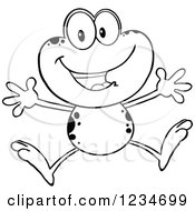 Clipart Of A Black And White Happy Frog Character Jumping Royalty Free Vector Illustration