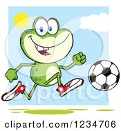 Clipart Of A Frog Character Playing Soccer On A Sunny Day Royalty Free Vector Illustration
