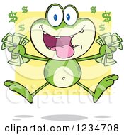 Clipart Of A Rich Frog Character Jumping With Cash Money Over Yellow Royalty Free Vector Illustration