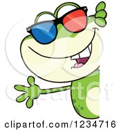 Clipart Of A Frog Character Wearing 3d Glasses And Waving Around A Sign Royalty Free Vector Illustration