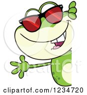 Clipart Of A Frog Character Wearing Sunglasses And Waving Around A Sign Royalty Free Vector Illustration