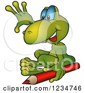 Clipart Of A Happy Green Frog Waving And Sitting By A Colored Pencil Royalty Free Vector Illustration