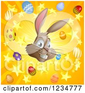 Clipart Of A Burst Of Rays Stars Eggs And A Brown Easter Bunny Royalty Free Vector Illustration