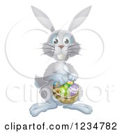 Clipart Of A Gray Bunny With Easter Eggs And A Basket Royalty Free Vector Illustration
